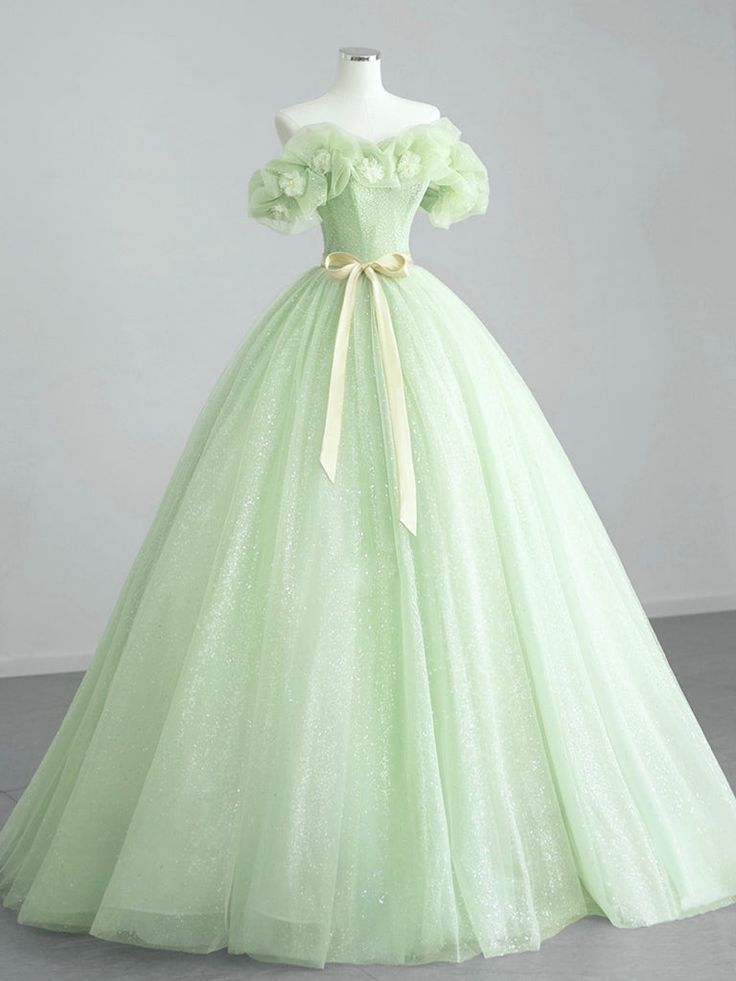 A-Line Off Shoulder Tulle Green Long Prom Dress, Green Sweet 16 Dress     S5143