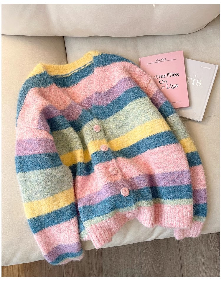 Candy color V-neck rainbow sweater jacket for women knitted cardigan      S4907