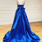 blue v neck satin long prom dress, blue evening dress        S5295