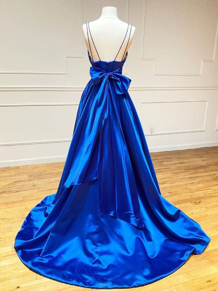 blue v neck satin long prom dress, blue evening dress        S5295