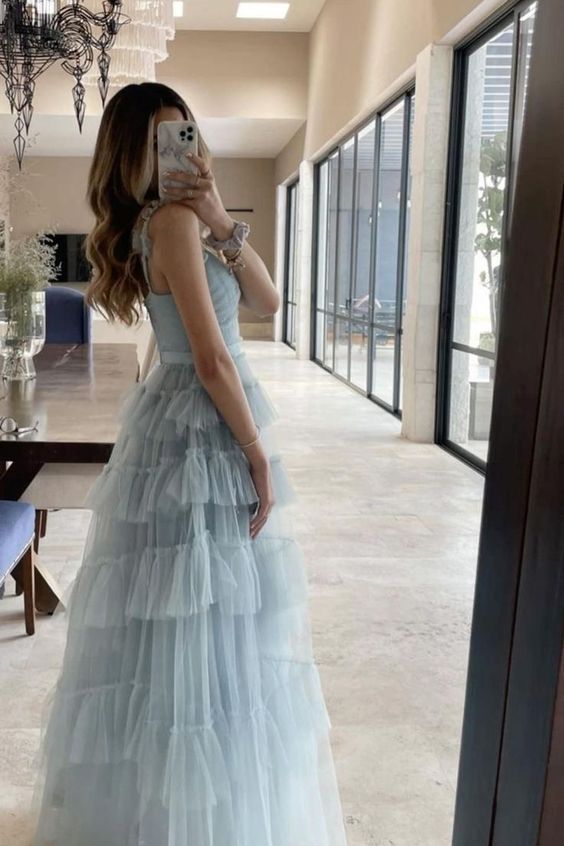 Light Blue Tulle Layered Long Prom Dress Elegant Evening Dress     S5160