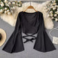 V-neck short bell sleeves sexy long-sleeved T-shirt women's chic tops     S4589