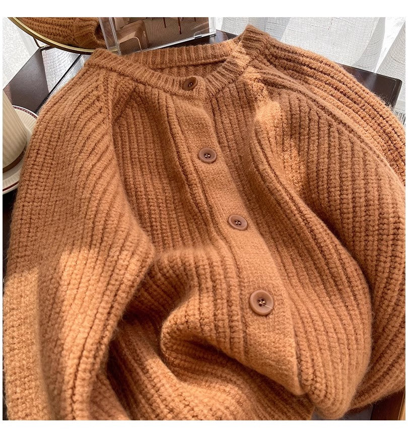 Retro round neck sweater jacket for women long-sleeved knitted cardigan     S4859