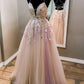 Charming V Neck Backless Pink Lace Floral Long Prom Dress, Pink Lace Formal Dress, Pink Evening Dress      S4672