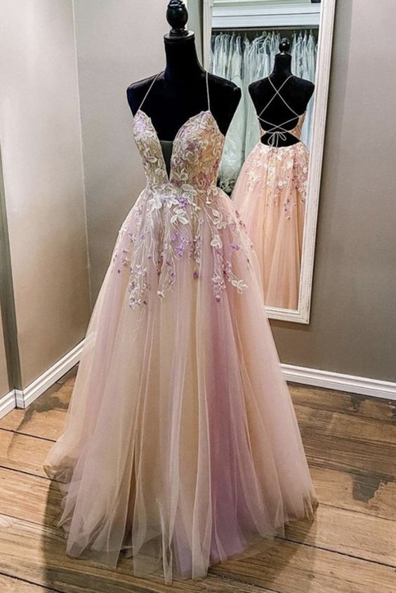 Charming V Neck Backless Pink Lace Floral Long Prom Dress, Pink Lace Formal Dress, Pink Evening Dress      S4672