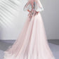 Light Pink Long Sleeves Tulle Prom Dress Princess Evening Gown with Lace     S5145