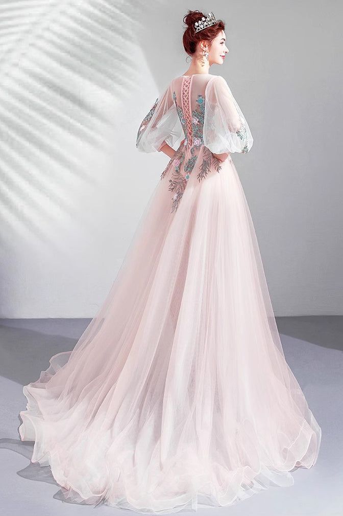 Light Pink Long Sleeves Tulle Prom Dress Princess Evening Gown with Lace     S5145