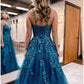 A-Line Prom Dresses Formal Floor Length Sleeveless V Neck Tulle Backless with Glitter Appliques    S5202