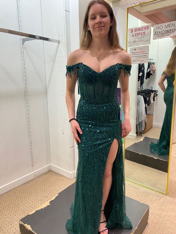 Green Off The Shoulder Long Prom Dress, Mermaid Evening Party Dress     S4960