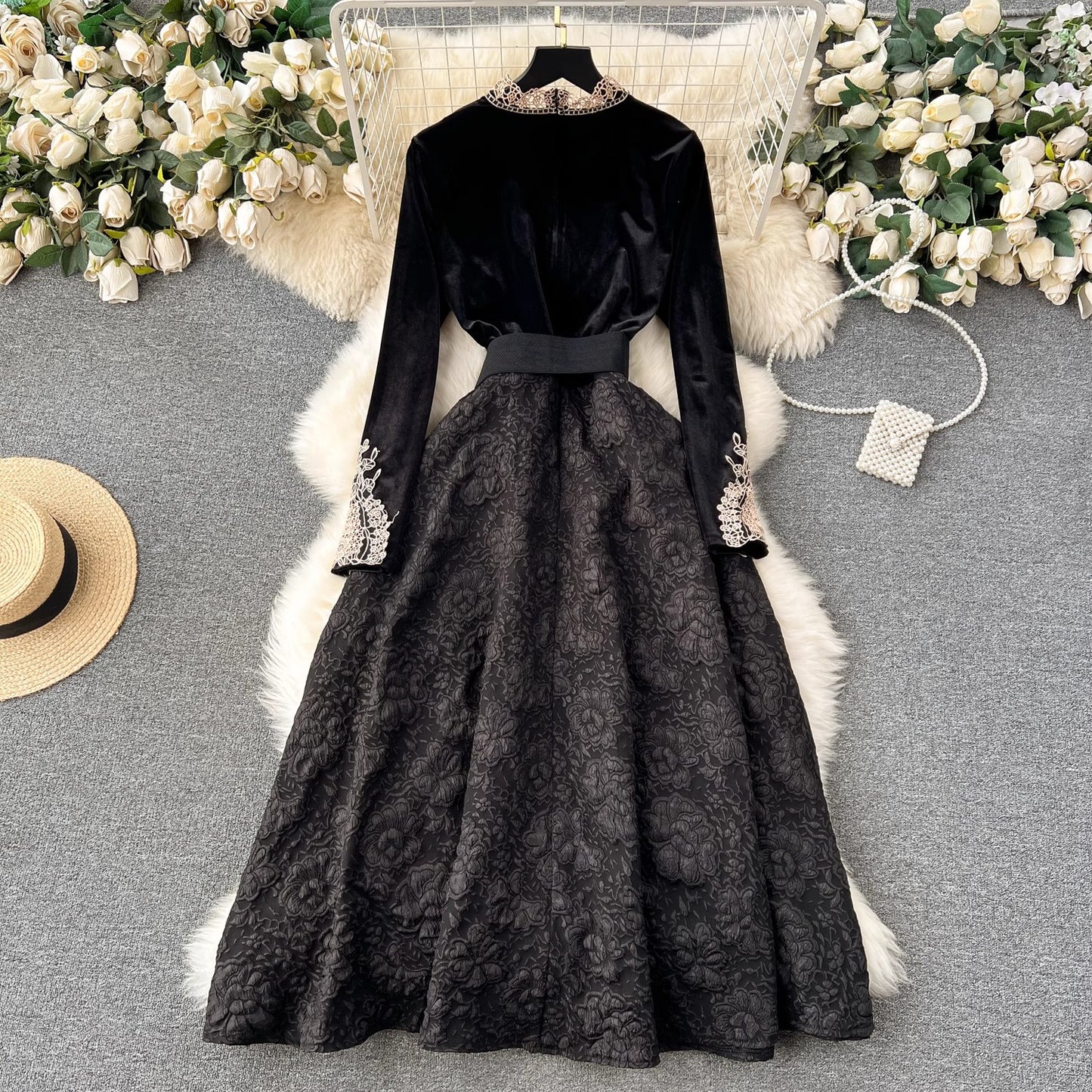 Retro velvet dress for women new little black dress     S4503