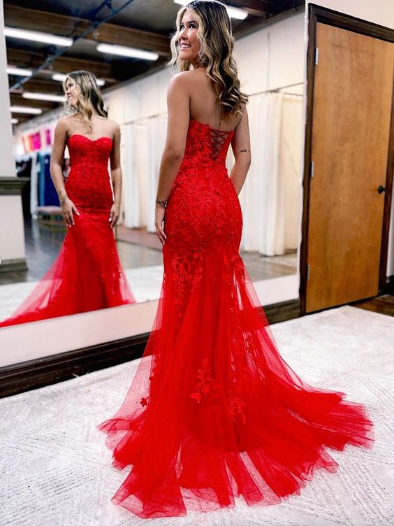 Tulle Lace Long Prom Dress, Mermaid Strapless Lace-up Evening Party Dress       S5237