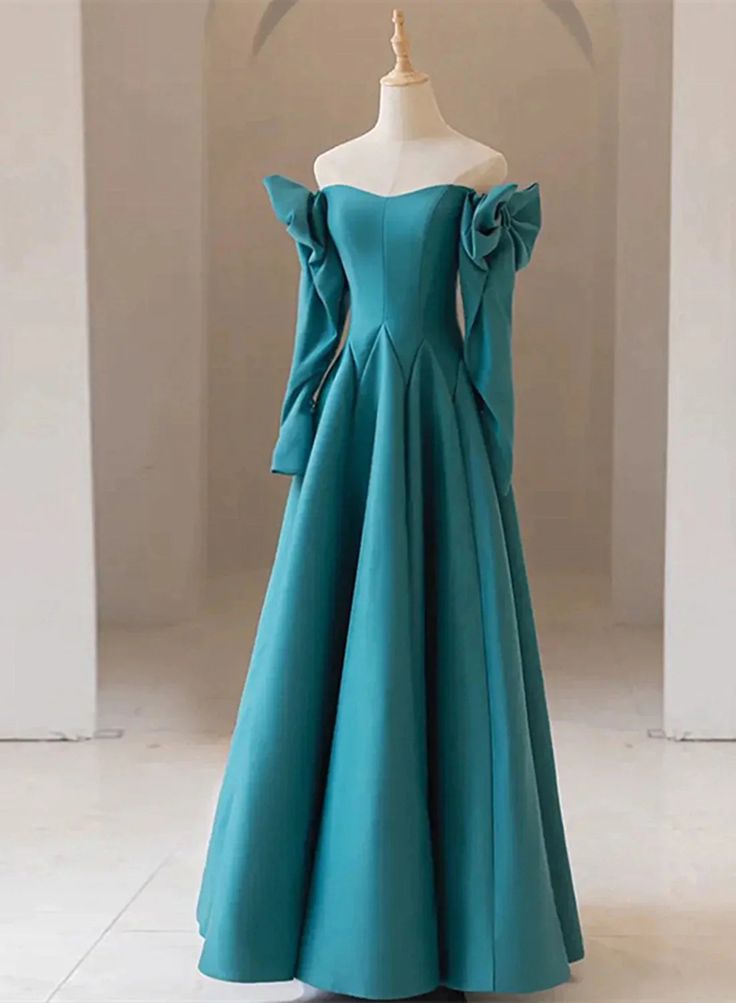 Teal Blue Long Sleeves with Bow A-line Sweetheart Prom Dress, Teal Blue Evening Dress      S5171