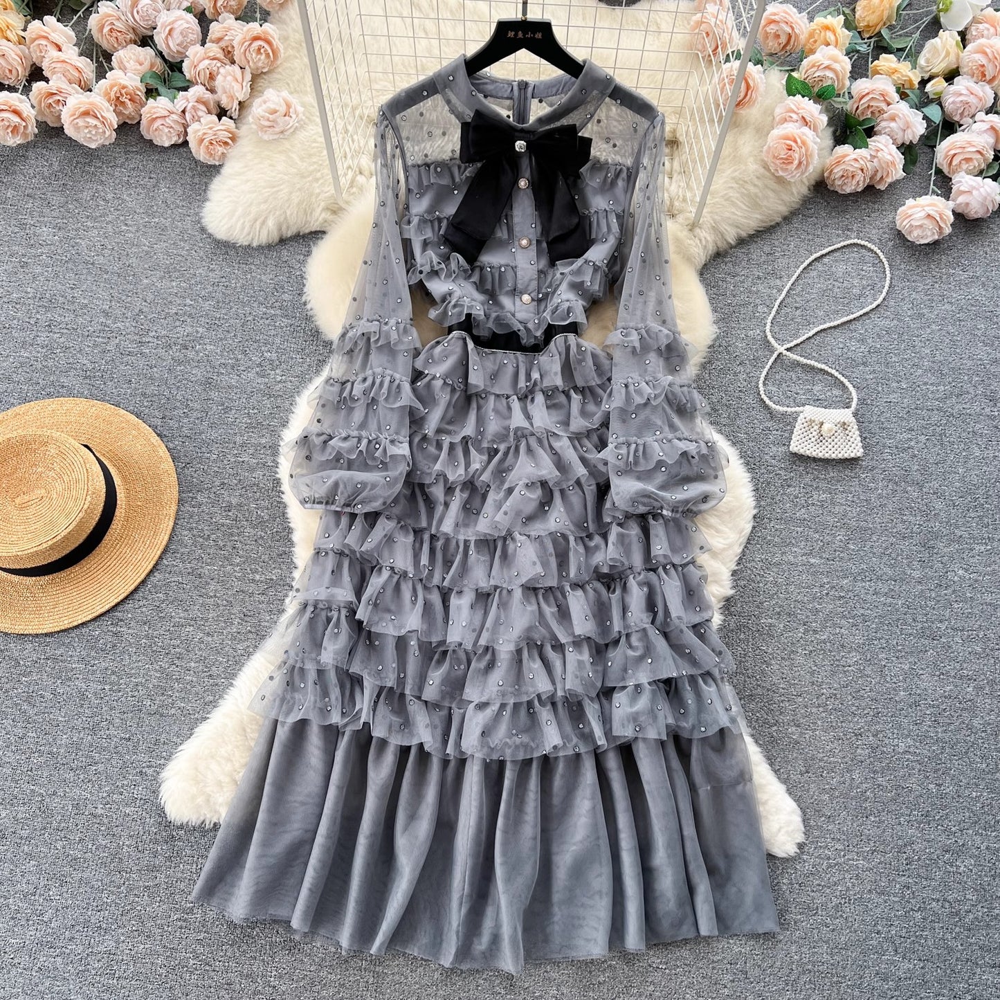 round neck bow diamond mesh dress for women sweet princess cake long dress    S4638