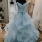 Blue Tulle Lace Long Prom Dresses, Off the Shoulder Evening Dresses     S5086