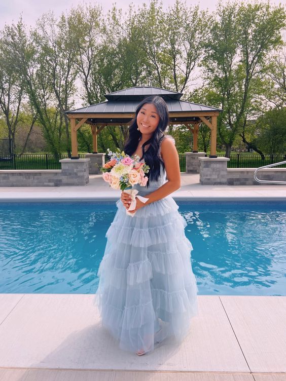 Light Blue Tulle Layered Long Prom Dress Elegant Evening Dress     S5160