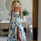 Blue Printed A-Line Strapless Long Prom Dress        S5300