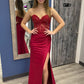 Wine Red Strapless Mermaid Appliques Long Prom Dress with Slit      S5138