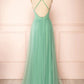 Sage Green V-neck Tulle Long Prom Dress, Simple Backless Evening Dress      S4813