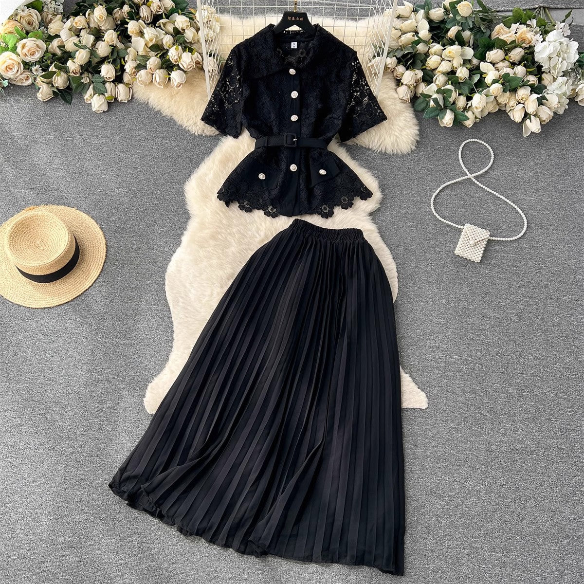 suit for women fashionable short-sleeved pleated skirt two-piece trendy set    S4655