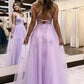 A-Line V Neck Lilac Tulle Long Slit Prom Dress Evening Dress     S4673