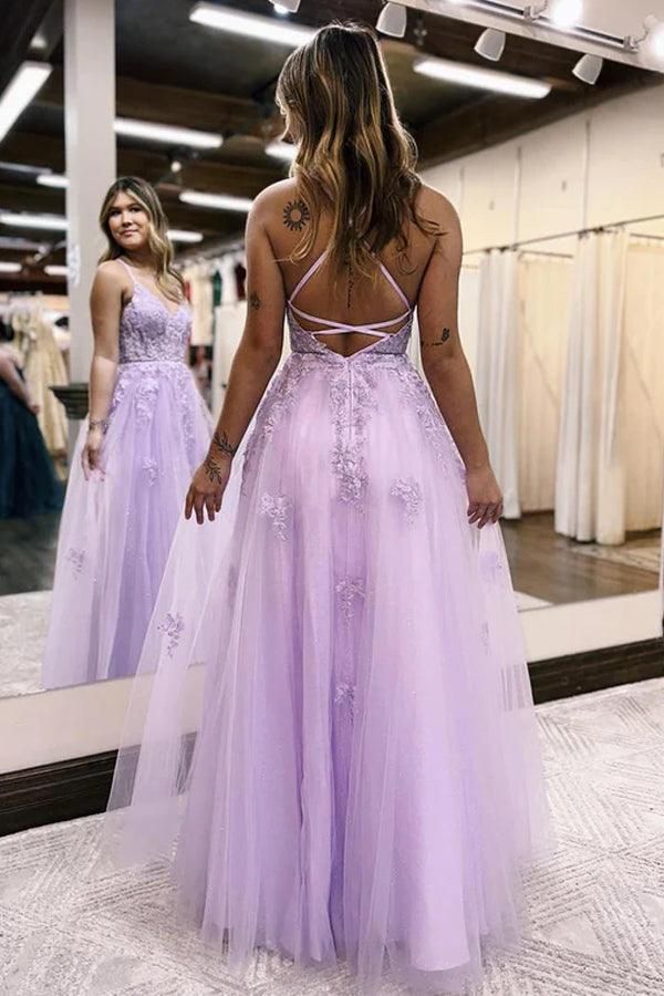 A-Line V Neck Lilac Tulle Long Slit Prom Dress Evening Dress     S4673