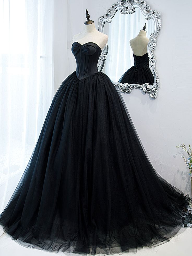 Black Sweetheart Neck Tulle Long Prom Dress, Black Formal Evening Dress       S5193