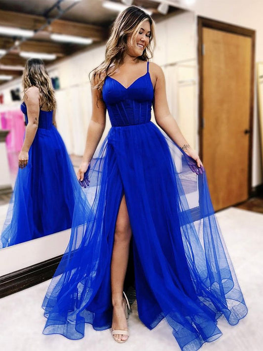 A-Line V Neck Tulle Blue Long Prom Dress, Blue Tulle Long Formal Dress        S5287