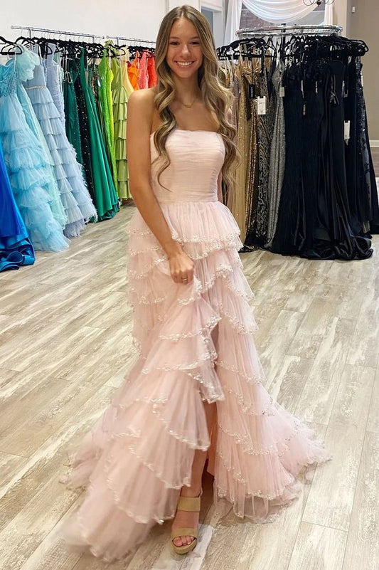 Strapless Layered Tulle Prom Dress with Sequins     S5156