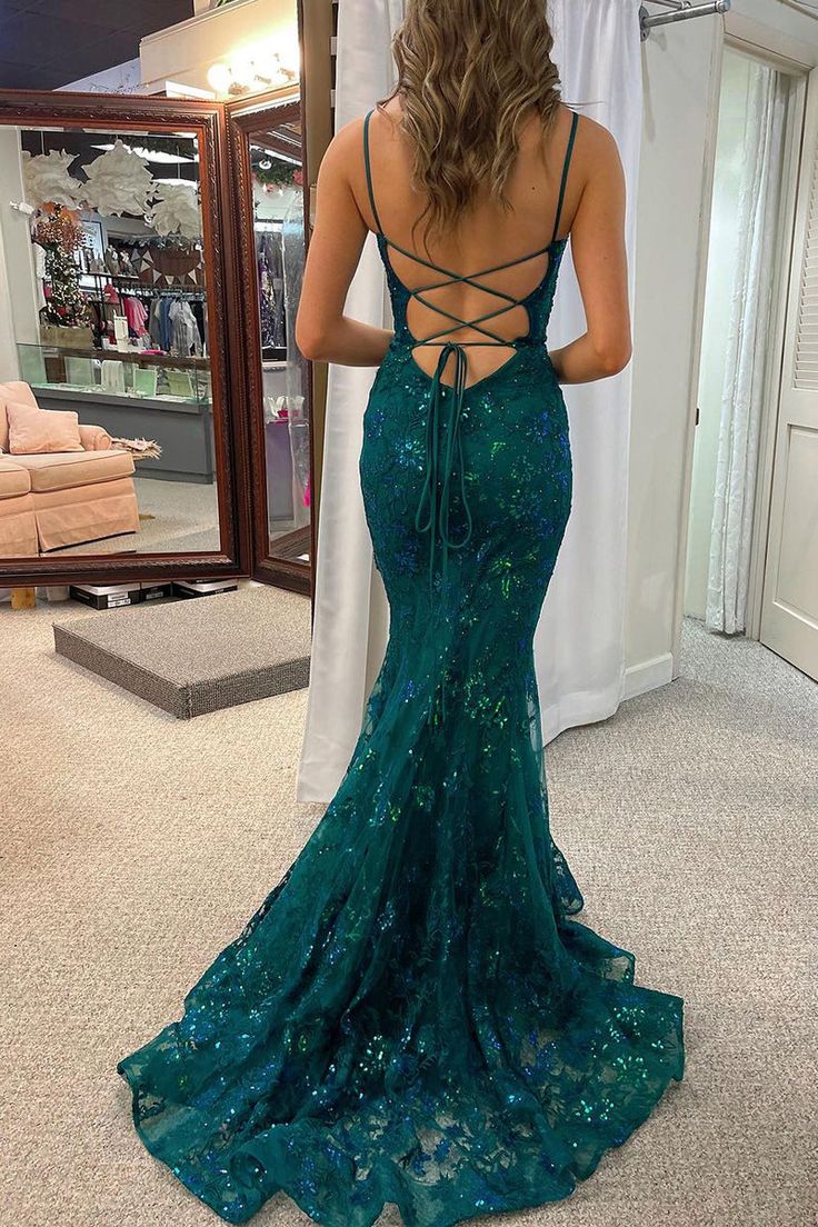 Dark Green Sequins Lace Mermaid Long Prom Dress      S5167