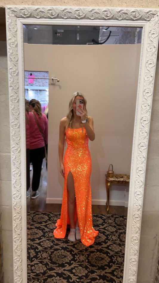 Orange dress Mermaid Prom Dresses With Side Slit    S5218