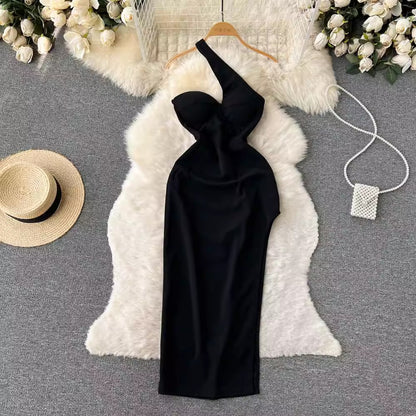 Black sleeveless one-shoulder long dress fo sexy dress    S4633r women with fashionable design irregular