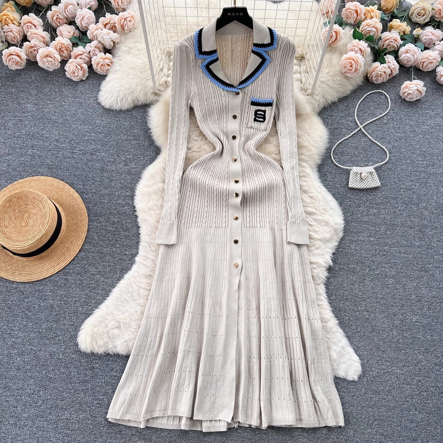 knitted dress women embroidered sweater long skirt     S4519