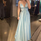 Classic Blue Spaghetti Straps V Neck Prom Dress,Sky Blue Satin Graduation Dress      S5129