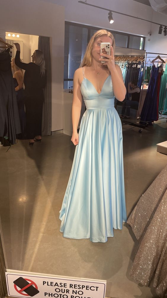 Classic Blue Spaghetti Straps V Neck Prom Dress,Sky Blue Satin Graduation Dress      S5129