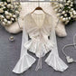 Designed irregular bell-sleeved chiffon shirt for women new style ruffled V-neck top trendy      S4601