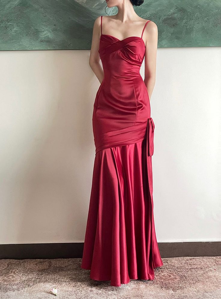 Burgundy Satin Sweetheart Straps Prom Dress, Burgundy Long Evening Dress       S5246