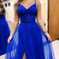 A-Line V Neck Tulle Blue Long Prom Dress, Blue Tulle Long Formal Dress        S5287