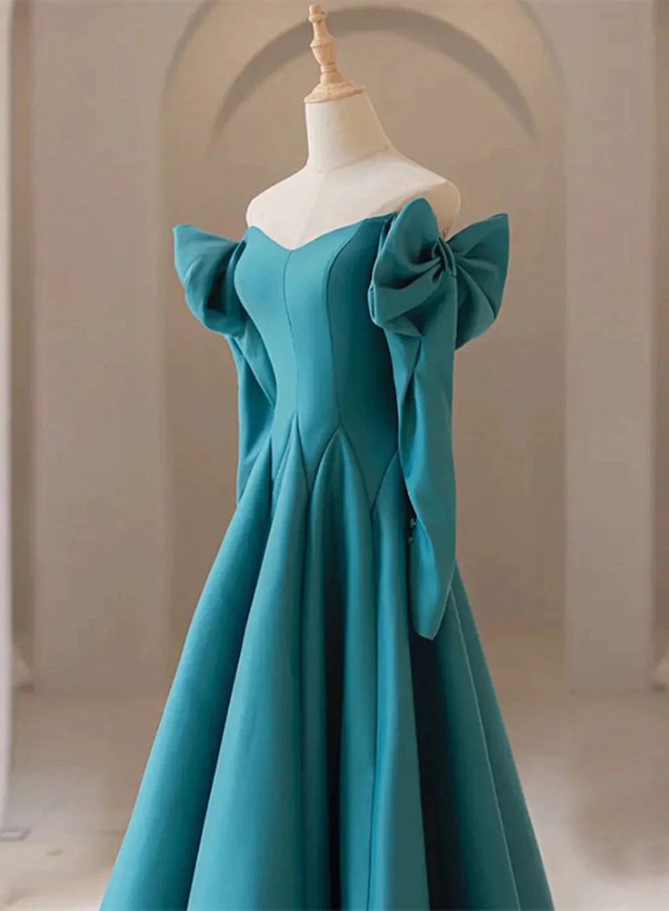 Teal Blue Long Sleeves with Bow A-line Sweetheart Prom Dress, Teal Blue Evening Dress      S5171