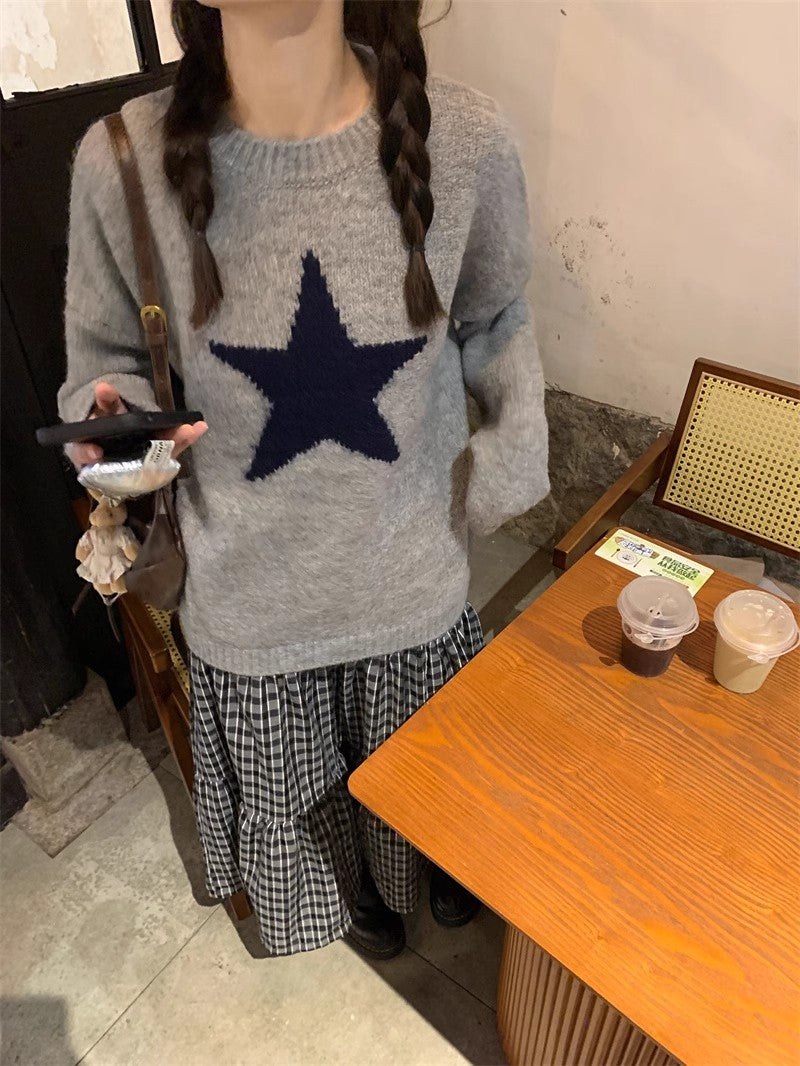 Soft round-neck star sweater plaid skirt suit   S4744