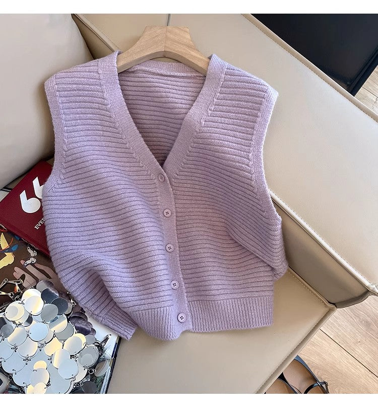 Solid color retro V-neck sleeveless knitted vest for women sleeveless top     S5022