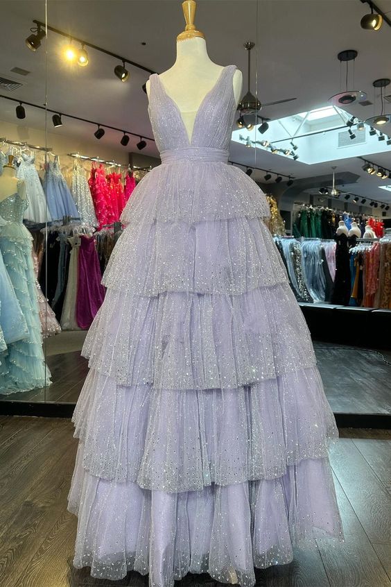 Lavender Tulle Sequin V-Neck Ruffle Tiered Long Prom Dress      S5192