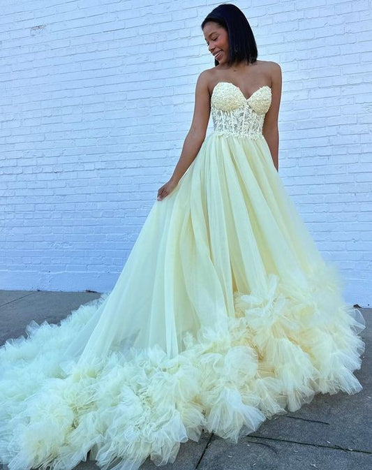 A-Line Yellow Sweetheart Corset Ruffle Prom Dress     S5267