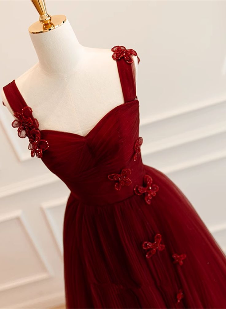 A-Line Tulle Sweetheart Straps Long Formal Dress, Wine Red Evening Dress Prom Dress        S5177