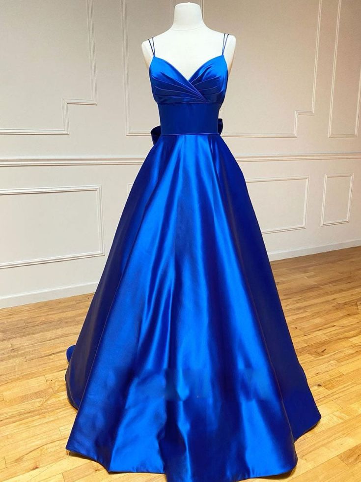 blue v neck satin long prom dress, blue evening dress        S5295