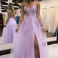 A-Line V Neck Lilac Tulle Long Slit Prom Dress Evening Dress     S4673