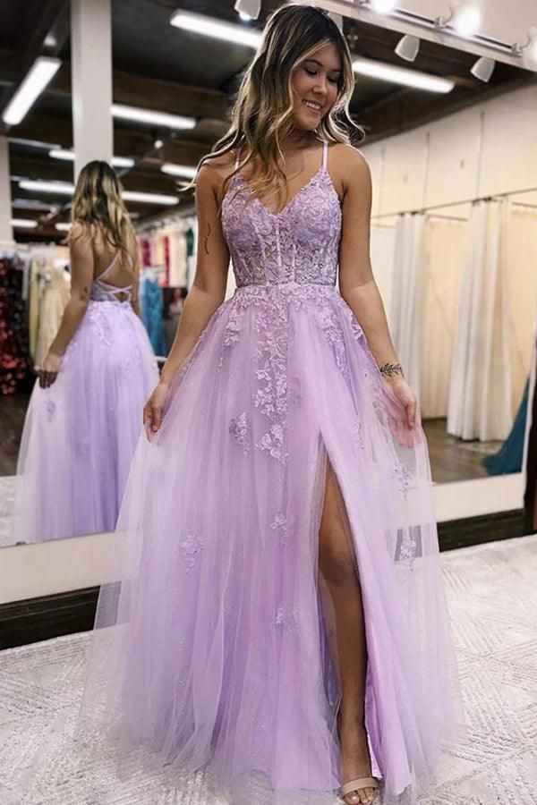 A-Line V Neck Lilac Tulle Long Slit Prom Dress Evening Dress     S4673