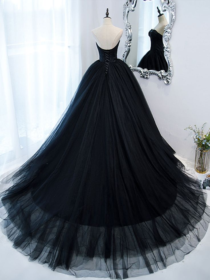 Black Sweetheart Neck Tulle Long Prom Dress, Black Formal Evening Dress       S5193