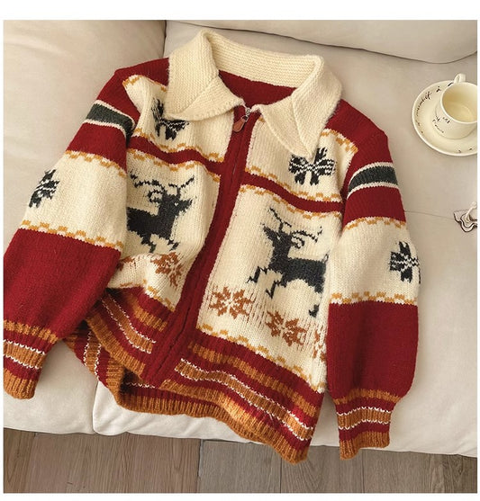 Christmas jacquard long-sleeved sweater jacket for women knitted cardigan    S4846