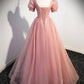 Tulle Floor Length Prom Dress with Short Sleeve, Beautiful A-Line Evening Dress     S4988