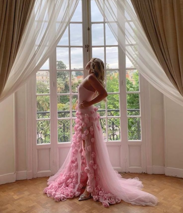 Charming Pink Strapless High Slit Flower Prom Dress         S5286